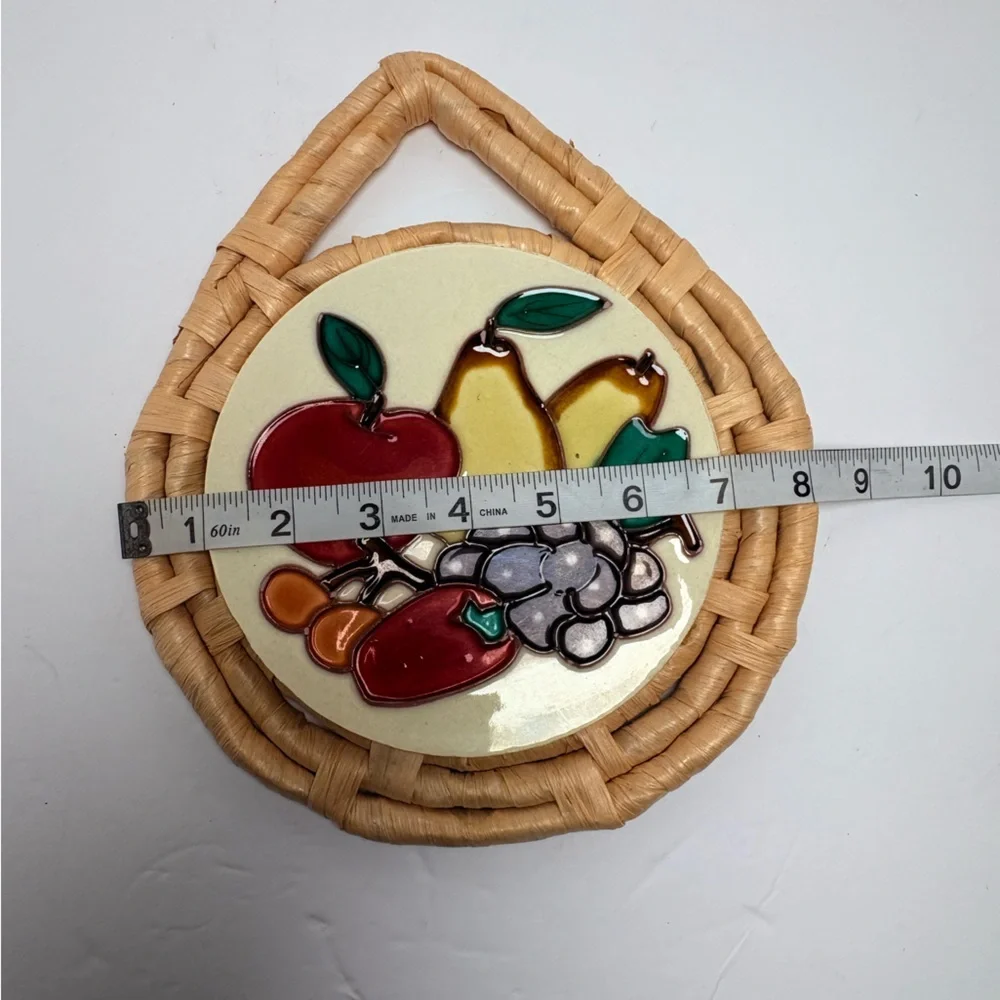 Vintage Fruit Themed Ceramic Tile Trivet Wall Decor on Rattan